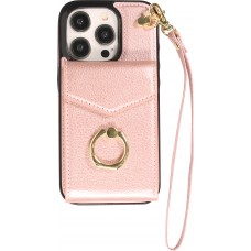 iPhone 15 Pro Case Hülle - DeLuxe elegantes Lederlook Cover mit Wallet + Tragering - Rosa