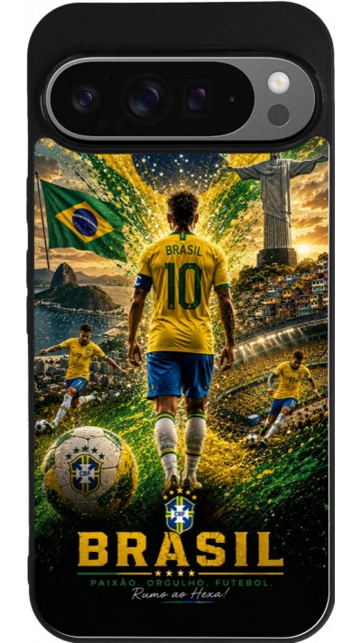 Coque Google Pixel 9 Pro XL - Silicone rigide noir Football Brésil splash 2026