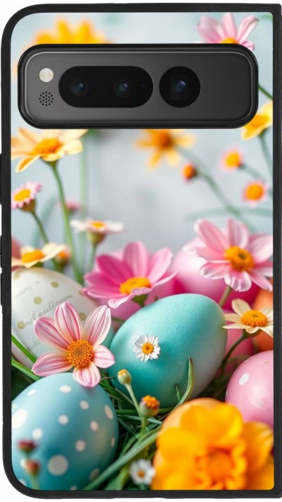 Google Pixel Fold Case Hülle - Silikon schwarz Easter 2026 Eggs with flowers