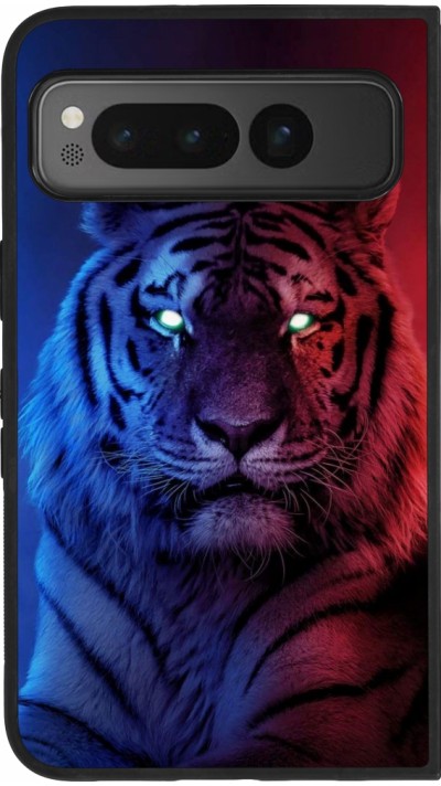 Coque Google Pixel Fold - Silicone rigide noir Tiger Blue Red