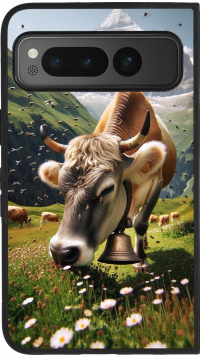 Coque Google Pixel Fold - Silicone rigide noir Vache montagne Valais