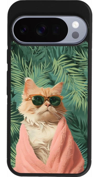 Google Pixel 10 / Pixel 10 Pro Case Hülle - Silikon schwarz Cat Summer Palms