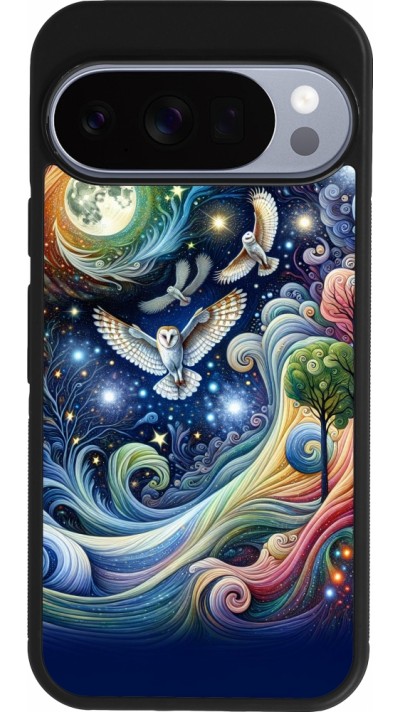 Coque Google Pixel 10 / Pixel 10 Pro - Silicone rigide noir hibou volant floral