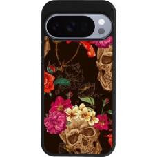 Google Pixel 10 / Pixel 10 Pro Case Hülle - Silikon schwarz Skulls and flowers