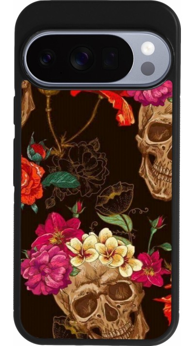 Google Pixel 10 / Pixel 10 Pro Case Hülle - Silikon schwarz Skulls and flowers