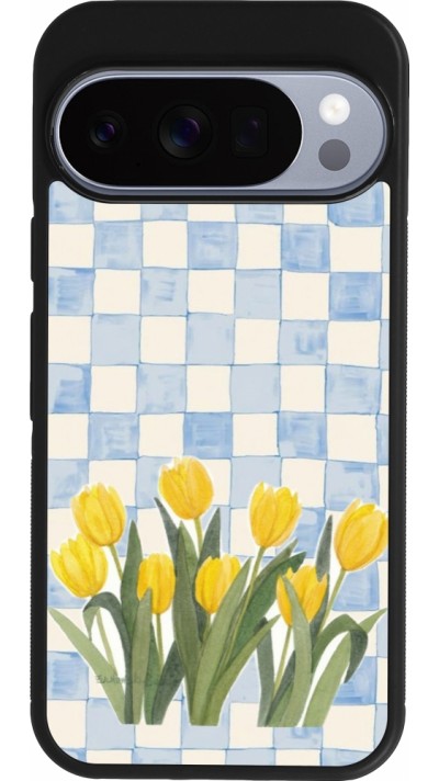 Coque Google Pixel 10 / Pixel 10 Pro - Silicone rigide noir Blue vichy tulips Spring 2026