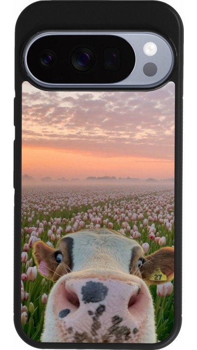 Google Pixel 10 / Pixel 10 Pro Case Hülle - Silikon schwarz Cow with tulips Spring 2026