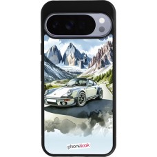 Coque Google Pixel 10 Pro XL - Silicone rigide noir Porsche 911 Mountain Watercolor