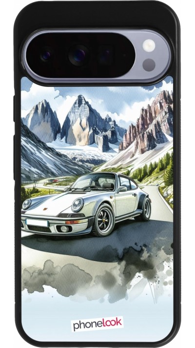 Coque Google Pixel 10 Pro XL - Silicone rigide noir Porsche 911 Mountain Watercolor