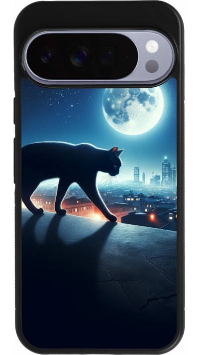 Coque Google Pixel 10 Pro XL - Silicone rigide noir Chat noir sous la pleine lune