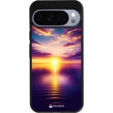 Coque Google Pixel 10 Pro XL - Silicone rigide noir Coucher soleil jaune violet