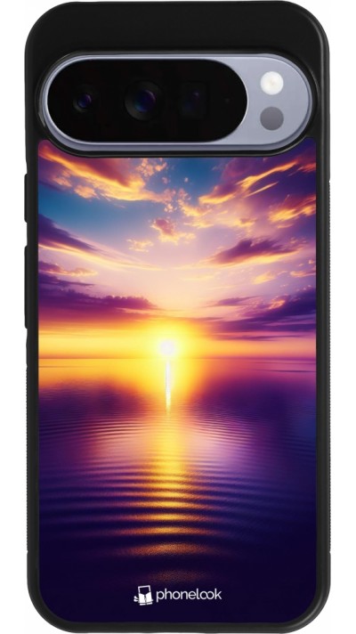 Coque Google Pixel 10 Pro XL - Silicone rigide noir Coucher soleil jaune violet