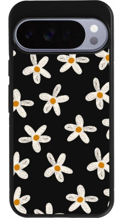 Coque Google Pixel 10 Pro XL - Silicone rigide noir Easter 2024 white on black flower