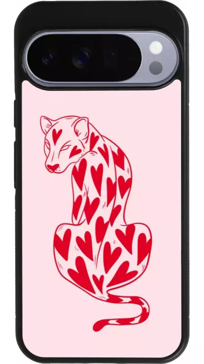 Coque Google Pixel 10 Pro XL - Silicone rigide noir Leopard with hearts 2026