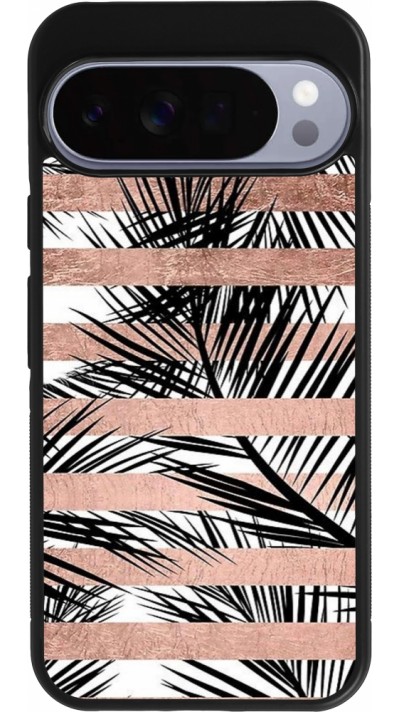Coque Google Pixel 10 Pro XL - Silicone rigide noir Palm trees gold stripes