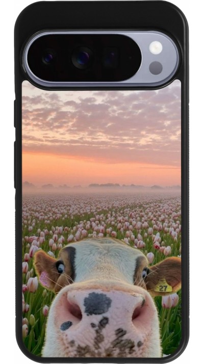 Google Pixel 10 Pro XL Case Hülle - Silikon schwarz Cow with tulips Spring 2026