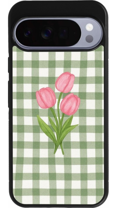 Coque Google Pixel 10 Pro XL - Silicone rigide noir Green vichy tulips Spring 2026
