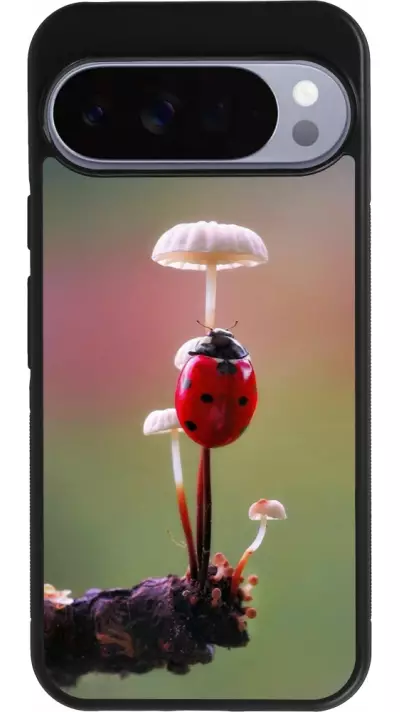Coque Google Pixel 10 Pro XL - Silicone rigide noir Ladybird on a mushroom Spring 2026