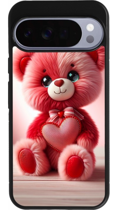 Coque Google Pixel 10 Pro XL - Silicone rigide noir Valentine 2024 Ourson rose