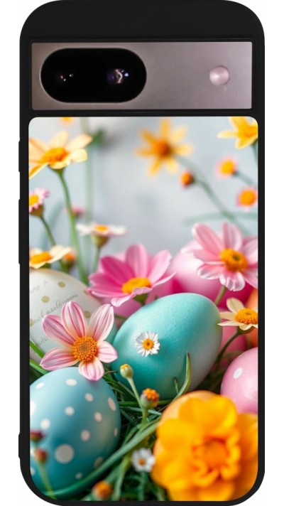 Google Pixel 8a Case Hülle - Silikon schwarz Easter 2026 Eggs with flowers