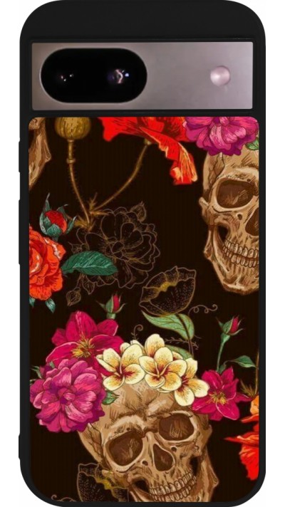Google Pixel 8a Case Hülle - Silikon schwarz Skulls and flowers