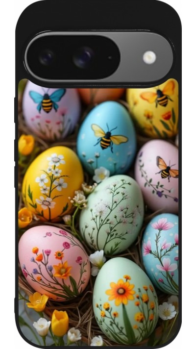Google Pixel 9 / Pixel 9 Pro Case Hülle - Silikon schwarz Easter 2026 Eggs with bees