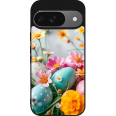 Google Pixel 9 / Pixel 9 Pro Case Hülle - Silikon schwarz Easter 2026 Eggs with flowers