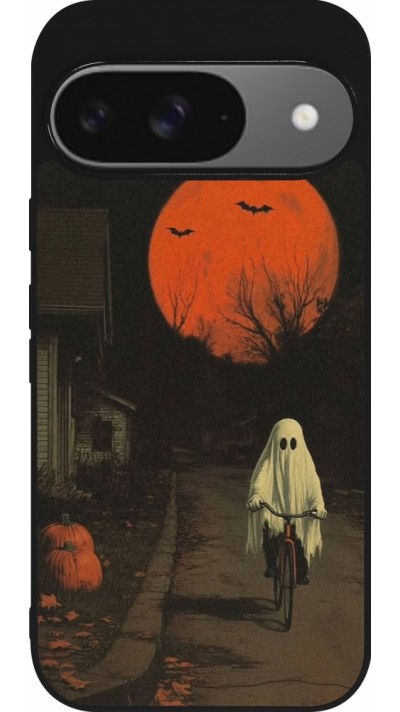 Google Pixel 9 / Pixel 9 Pro Case Hülle - Silikon schwarz Halloween 2025 Ghost on a bicycle