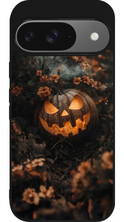 Google Pixel 9 / Pixel 9 Pro Case Hülle - Silikon schwarz Halloween 2025 Pumpkin with flowers