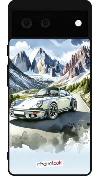 Coque Google Pixel 6 - Silicone rigide noir Porsche 911 Mountain Watercolor