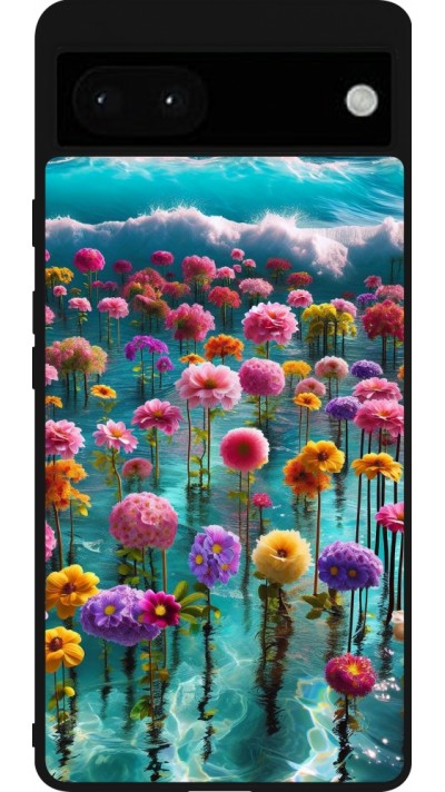 Google Pixel 6a Case Hülle - Silikon schwarz Blumenmeer Wellen