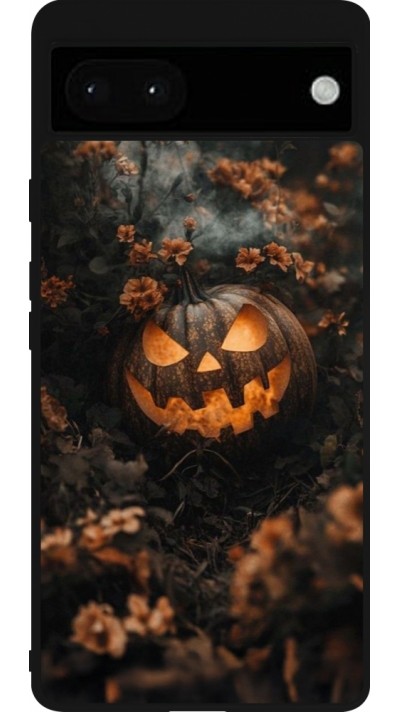 Google Pixel 6a Case Hülle - Silikon schwarz Halloween 2025 Pumpkin with flowers