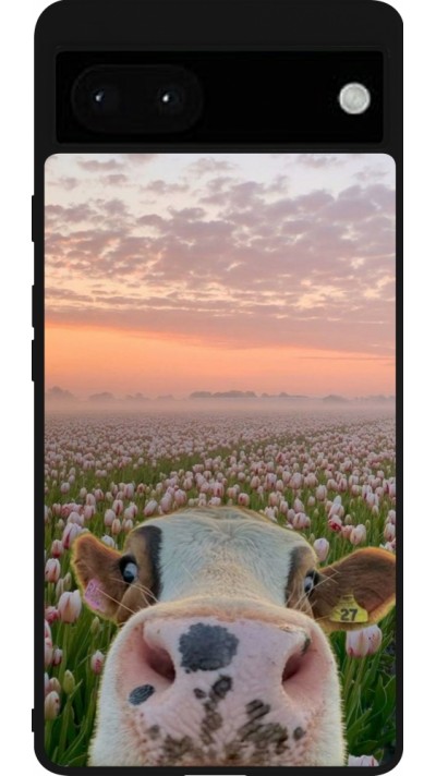 Google Pixel 6a Case Hülle - Silikon schwarz Cow with tulips Spring 2026