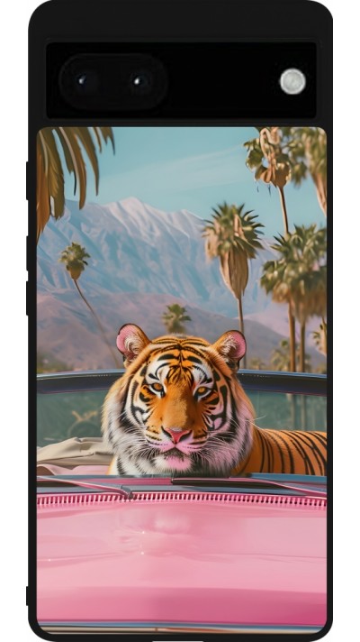 Coque Google Pixel 6a - Silicone rigide noir Tigre voiture rose