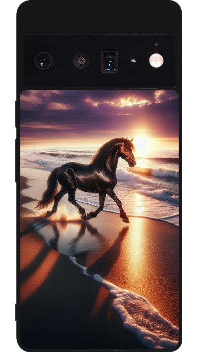 Coque Google Pixel 6 Pro - Silicone rigide noir Cheval majestueux plage