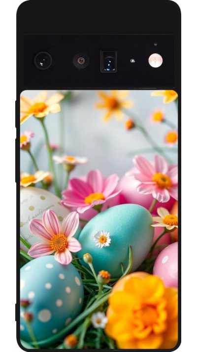 Google Pixel 6 Pro Case Hülle - Silikon schwarz Easter 2026 Eggs with flowers