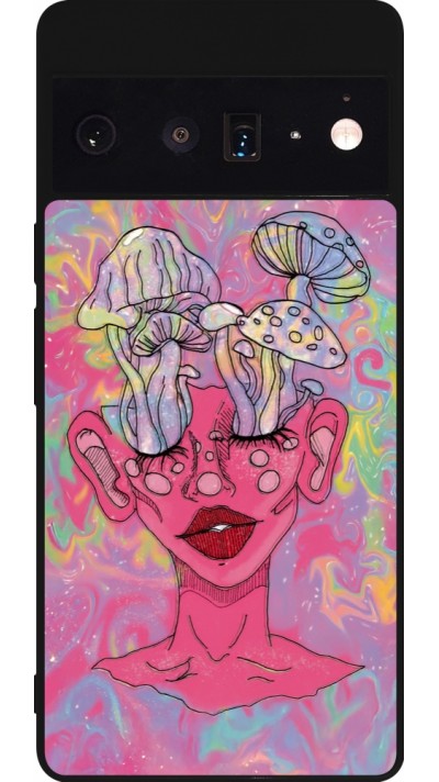 Google Pixel 6 Pro Case Hülle - Silikon schwarz Psychedelic pink mushroom