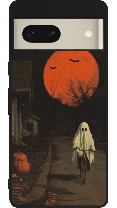 Coque Google Pixel 7 - Silicone rigide noir Halloween 2025 Ghost on a bicycle