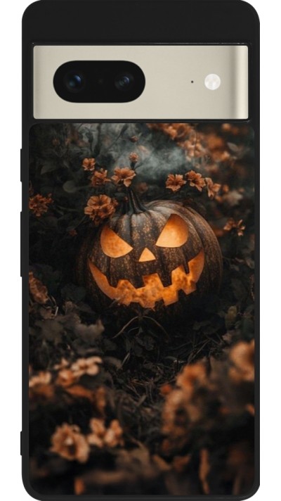 Coque Google Pixel 7 - Silicone rigide noir Halloween 2025 Pumpkin with flowers