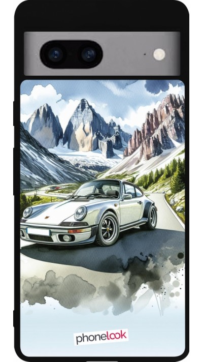 Coque Google Pixel 7a - Silicone rigide noir Porsche 911 Mountain Watercolor