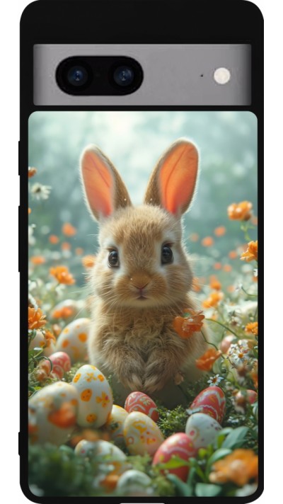 Coque Google Pixel 7a - Silicone rigide noir Easter 2026 Rabbit in the garden
