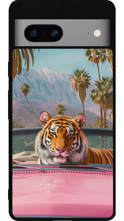 Coque Google Pixel 7a - Silicone rigide noir Tigre voiture rose