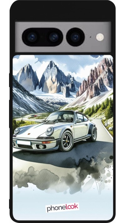 Coque Google Pixel 7 Pro - Silicone rigide noir Porsche 911 Mountain Watercolor