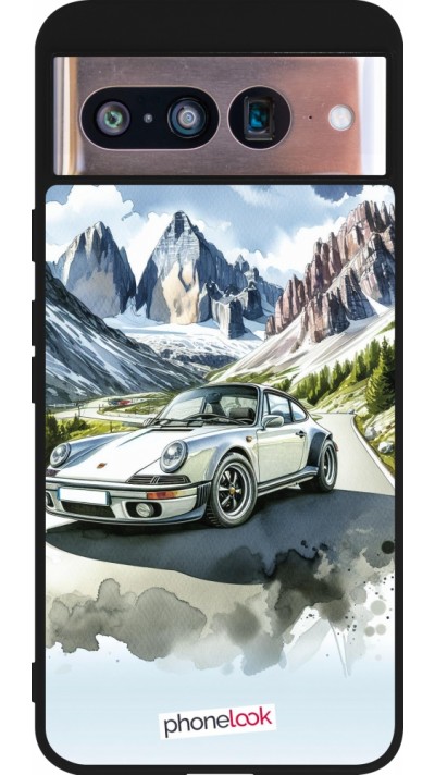 Coque Google Pixel 8 - Silicone rigide noir Porsche 911 Mountain Watercolor