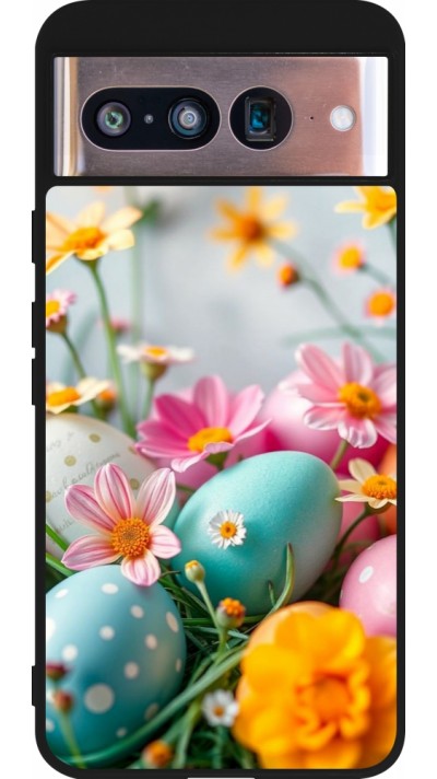 Google Pixel 8 Case Hülle - Silikon schwarz Easter 2026 Eggs with flowers