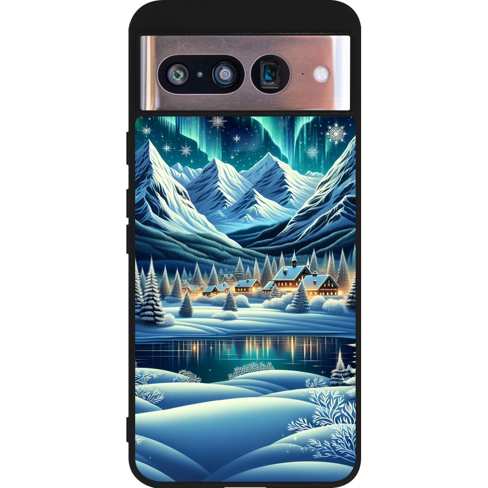 Google Pixel 8 Case Hülle - Silikon schwarz Verschneites Bergdorf am See in der Nacht