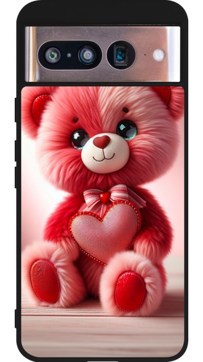 Coque Google Pixel 8 - Silicone rigide noir Valentine 2024 Ourson rose