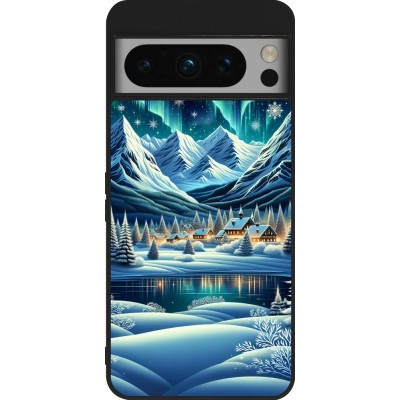 Google Pixel 8 Pro Case Hülle - Silikon schwarz Verschneites Bergdorf am See in der Nacht