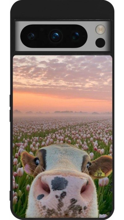 Coque Google Pixel 8 Pro - Silicone rigide noir Cow with tulips Spring 2026