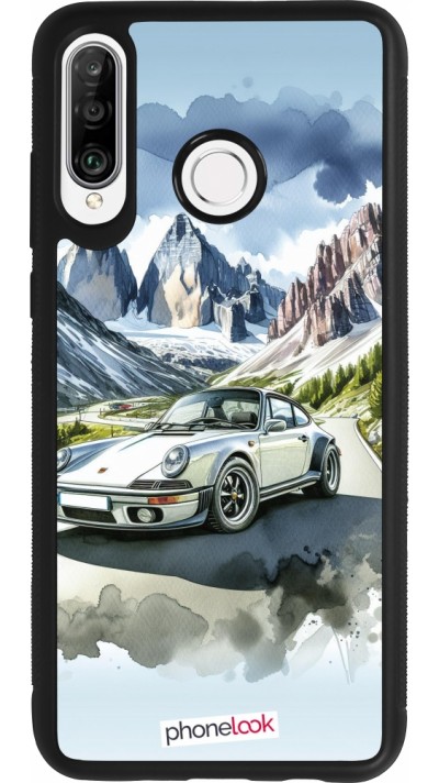 Coque Huawei P30 Lite - Silicone rigide noir Porsche 911 Mountain Watercolor